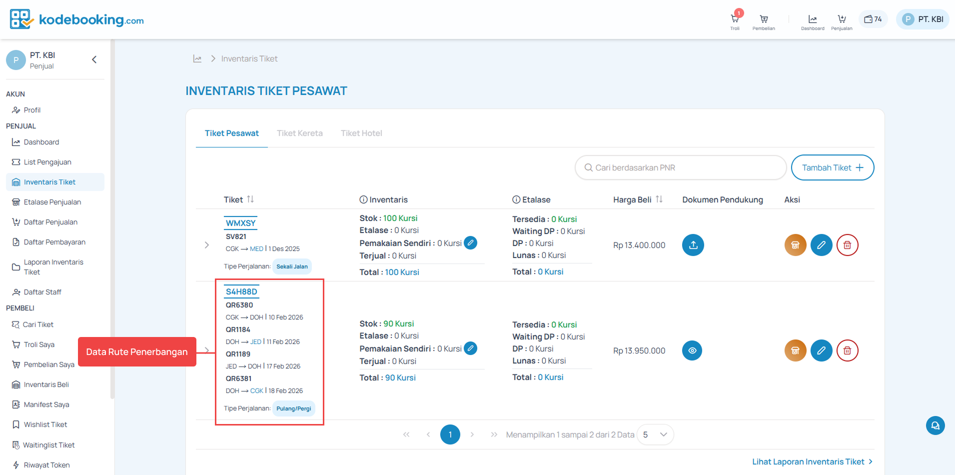 Halaman Inventaris Tiket