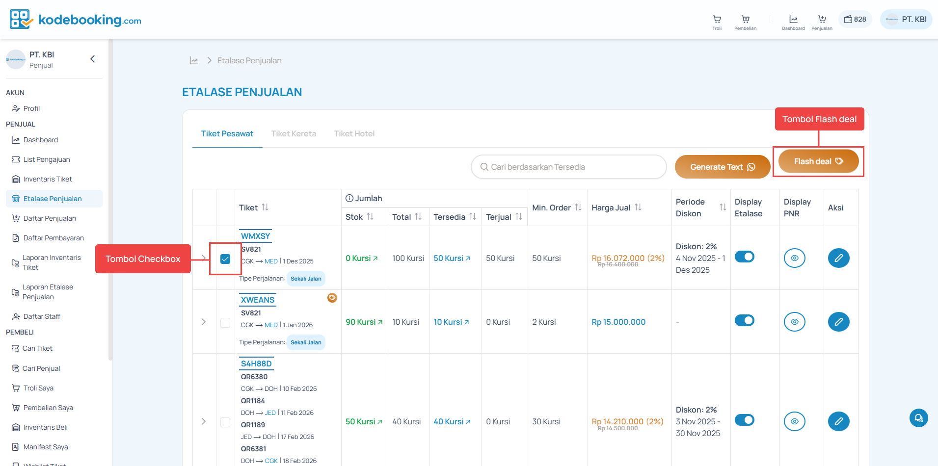 Tombol Checkbox dan Flash deal