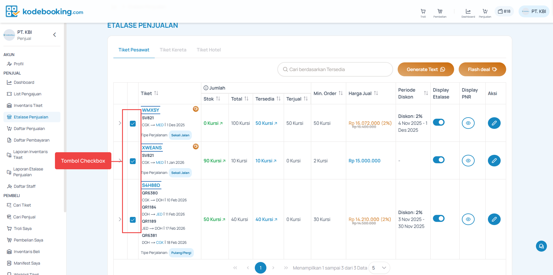 Tombol Checkbox dan Flash deal