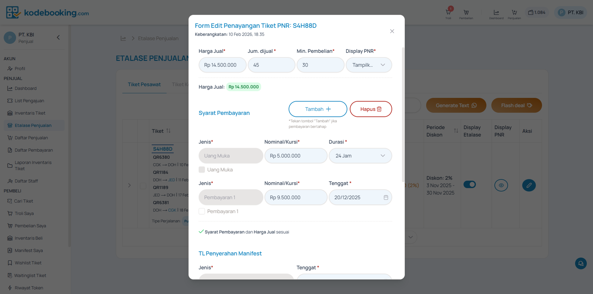 Popup Form Edit Penayangan Tiket