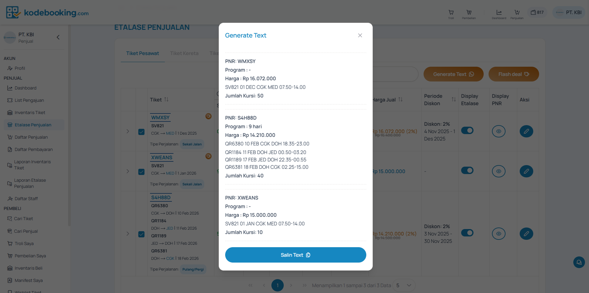 Popup Hasil Generate Text